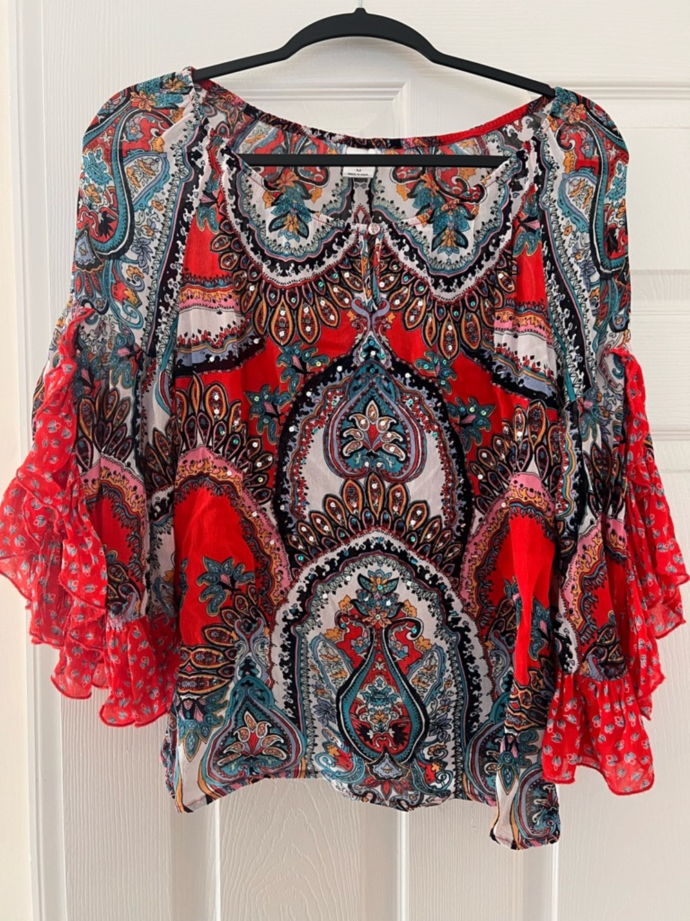Bila Red Paisley Boho Peasant Blouse